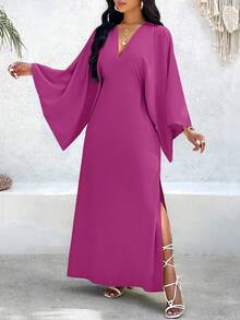 VaVaBold Đầm maxi tay loe cổ chữ V màu trơn cho nữ kỳ nghỉ hè - Màu tím - Xem 5