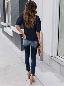 Camisa de Manga Curta Sólida Feminina, Verão, Decote Redondo, Casual, Moda, Camisa de Manga Bufante