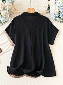 SHEIN LUNE 夏季大码度假休闲拼色蝙蝠袖衬衫