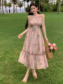 DAZY Women French Style Chiffon Printed Halterneck Dress Sundress