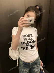 Retro American Letter Print Short Sleeve T-Shirt, Minimalist Design, Slim Fit Casual Top Suitable For Summer