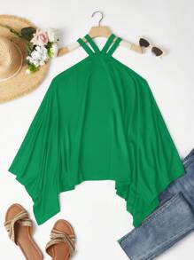 SHEIN Clasi Kỳ nghỉ hè Áo thun dây tay cánh dơi màu trơn thường ngày - màu xanh lá - Xem 5