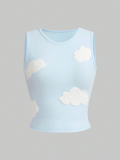 Kawaii Camiseta de tirantes de mujer con estampado de nubes, cuello redondo, sin mangas, para primavera y verano