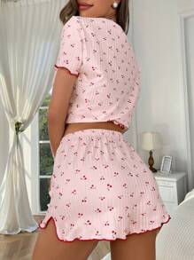 CottageSlumber Cherry Print Lettuce Trim Tee & Shorts PJ Set / Pajama Set Holiday Season, Vacation