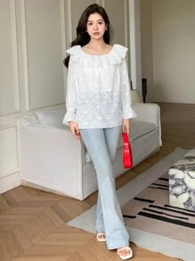DAZY Camisa suelta de mujer de un solo color con volantes y manga larga, parte superior de hombros descubiertos