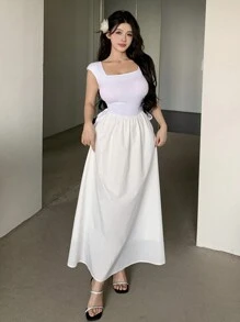 DAZY 女士夏季优雅方领短袖长连衣裙，带抽绳腰带，适合度假穿着 - 白色 - 查看 1