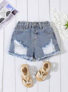 Young Girl Fashionable Distressed Frayed Denim Shorts