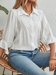 SHEIN JORESS Women Summer Solid Color Splice Lace Batwing Sleeve Loose Shirt