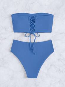 SHEIN Swim Conjunto sexy de bikini sólido Bandeau para mujer, perfecto para vacaciones en la playa de verano
