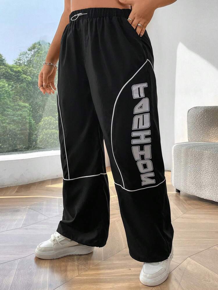Plus Size Casual Drawstring Color Block Letter Printed Jogger Pants Fall Cloth For Women