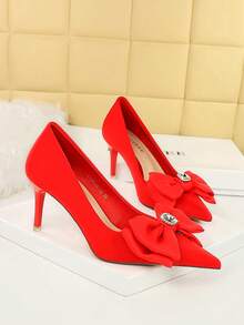18249-AH33 Korean Style Party High Heels, Pointed Toe Stilettos With Bow Knot, Low Vamp Silk Shoes For Wedding - Red - View 2