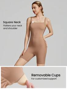 GLOWMODE 6" FeatherFit™ Mesh Romper Bodysuit Anti-Slip Light Support Yoga Pilates Studio Gym Daily - Camel - View 3