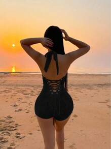 VaVaBold Women's Backless Halter Neck Tight Jumpsuit Unitard For Beach Vacation - Black - View 2
