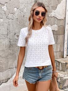 EMERY ROSE Women Round Neck Casual Texture Fabric Short Sleeve T-Shirt For Summer Holiday