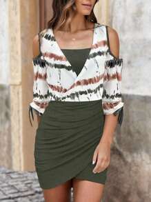 INAWLY Women Fashionable Colorful Printed Off Shoulder V-Neck Dress