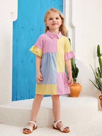 SHEIN Young Girl Color Blocking Striped Casual Mini Dress With Polo Neck And Flared Sleeves, Summer