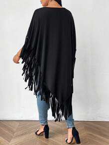 SHEIN LUNE 大尺碼女士實色圓領寬鬆休閒上衣，配流蘇蝙蝠袖，適穿於夏天 - 黑色 - 查看 2