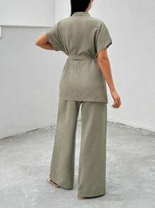 Ensemble cosy de deux pièces roses, blouse à manches chauve-souris kaki ajustée régulière avec ceinture, pantalon pour femmes, tenues décontractées de deux pièces, printemps/été, porter au quotidien