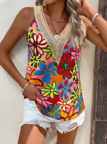 Breezaya Women Floral Print Lace Splice V Neck Loose Fit Tank Top For Vacation Graphic Tees Women Tops - Multicolor - View 6
