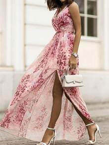 Floral Chiffon V-Neck Sleeveless Backless High Slit Dress With Tie Back - Pink - View 3