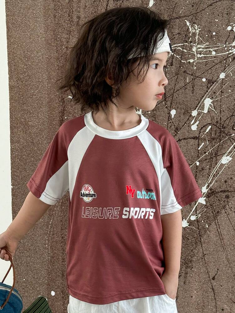 Young Boy Colorblock Round Neck Letter Printed Short Sleeve T-Shirt And Solid Pants With Pocket, 2pcs/Set