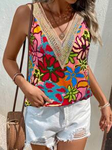 Breezaya Women Floral Print Lace Splice V Neck Loose Fit Tank Top For Vacation Graphic Tees Women Tops - Multicolor - View 4
