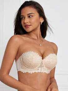 女士纯色蕾丝无肩带文胸（带钢圈）内衣 - 米色 - 查看 6