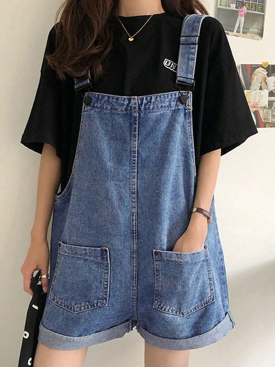 Solid Pocket Front Denim Overall Jumpsuit