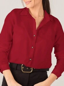EURMUSE 素色前紐扣襯衫 - 酒紅色 - 查看 4