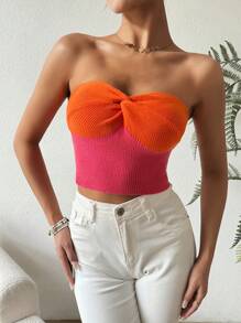 SHEIN VCAY Women Slim Fit Color Block Twist Knot Strapless Knit Top - Multicolor - View 7