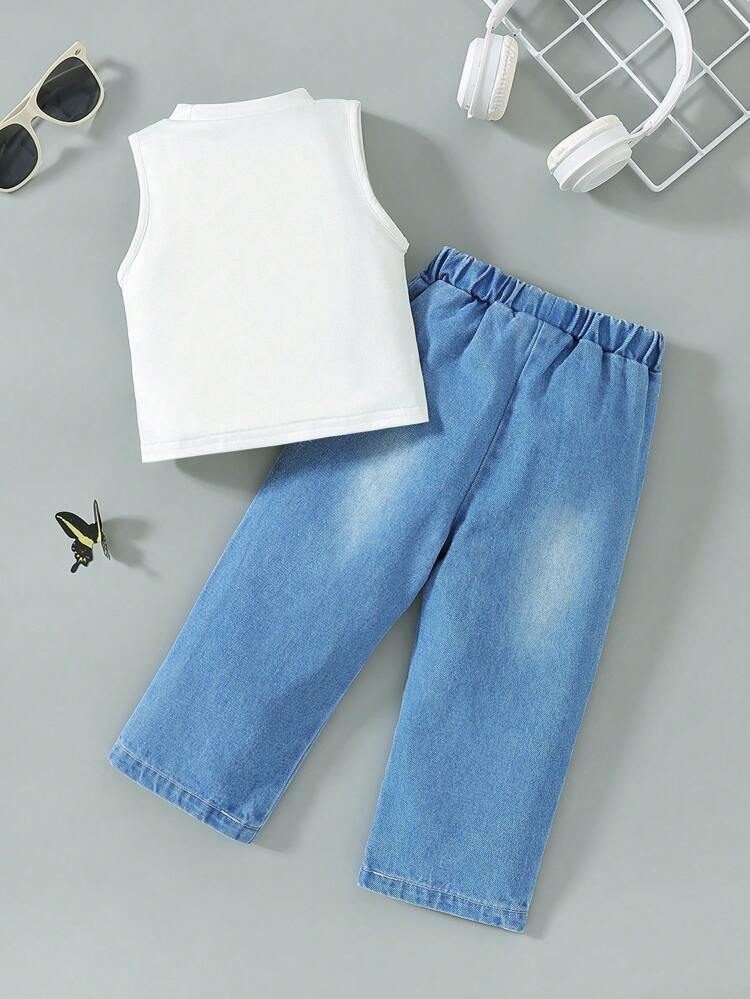New Summer Arrival For Baby Girls: Simple Style Sleeveless Denim Top & Shorts Set, Featuring Letter Prints, Heart, Flowers And Butterfly Embroideries