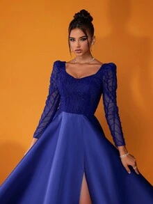 New Arrival Luxury Blue Lace Evening Dress, Suitable For Formal Occasions Elegant Long Sleeve Prom Wedding Guest Gown, For Graduation, Dinner