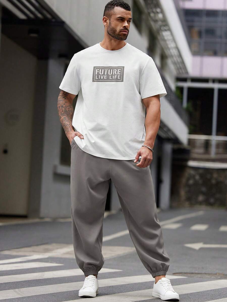 EASEVO 2pcs/Set Plus Size Men's Casual Short Sleeve T-Shirt And Drawstring Pants Set - Multicolor - View 1