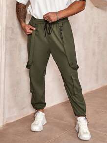 Manfinity Homme Men's Plus Size Drawstring Waist Workwear Jumpsuit With Bib Pockets And Straps