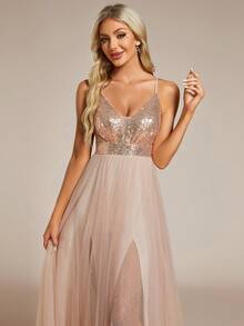 EVERPRETTY Cross Back Glitter Mesh Dress With Slit And Sequin Embellishment - Champagne - View 5