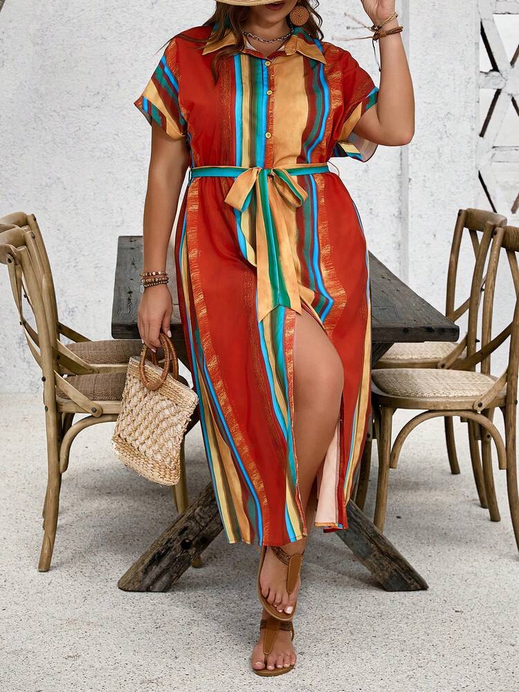 Plus Size Colorful Stripe Loose Fit Women's Shirt Dress For Vacation