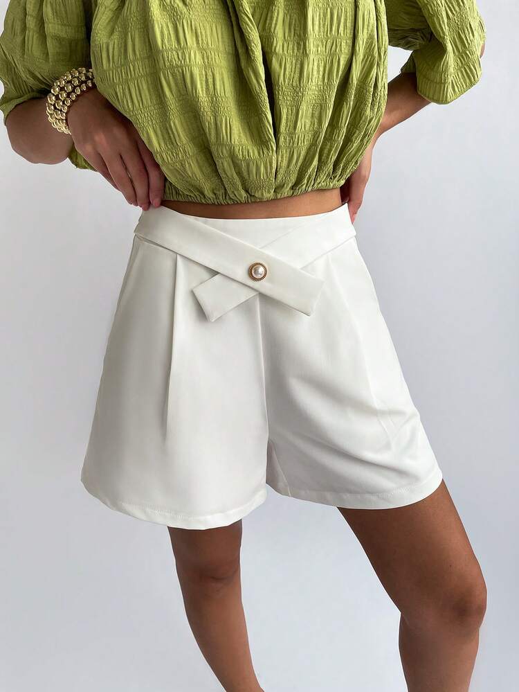 Ladies' Summer Casual Solid Color Pleated Wide-Leg Shorts