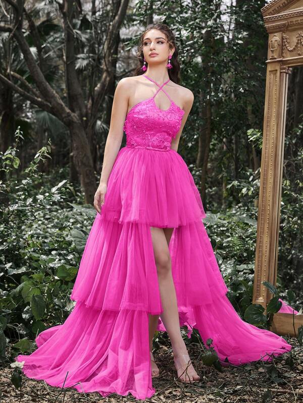 Applique Bodice Contrast Mesh High Low Hem Prom Dress Elegant Formal Evening Wedding Guest Dress, For Graduation, Dinner