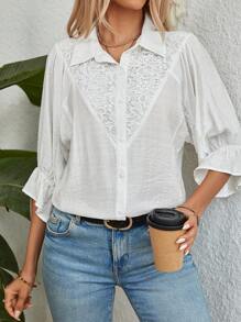SHEIN JORESS Women Summer Solid Color Splice Lace Batwing Sleeve Loose Shirt