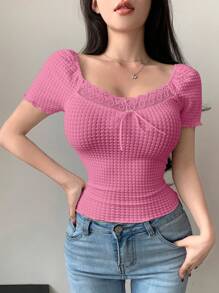 DAZY Lace Butterfly Texture Skinny Backless Short Sleeve Women T-Shirt Going Out Tops Summer,Crop Tops Women