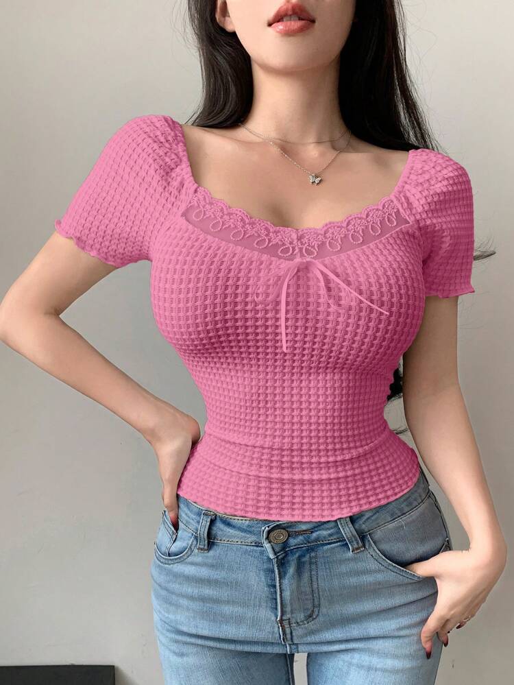 Lace Butterfly Texture Skinny Backless Short Sleeve Women T-Shirt Going Out Tops Summer,Crop Tops Women