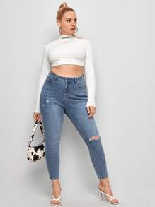 SHEIN EZwear Jeans ajustados desgarro de talle alto - Azul lavado medio - Ver 3