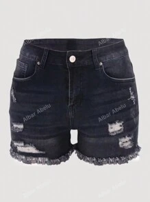 Shorts vaqueros de mujer a media cintura, con efecto rasgado, elásticos, con dobladillo deshilachado y casual