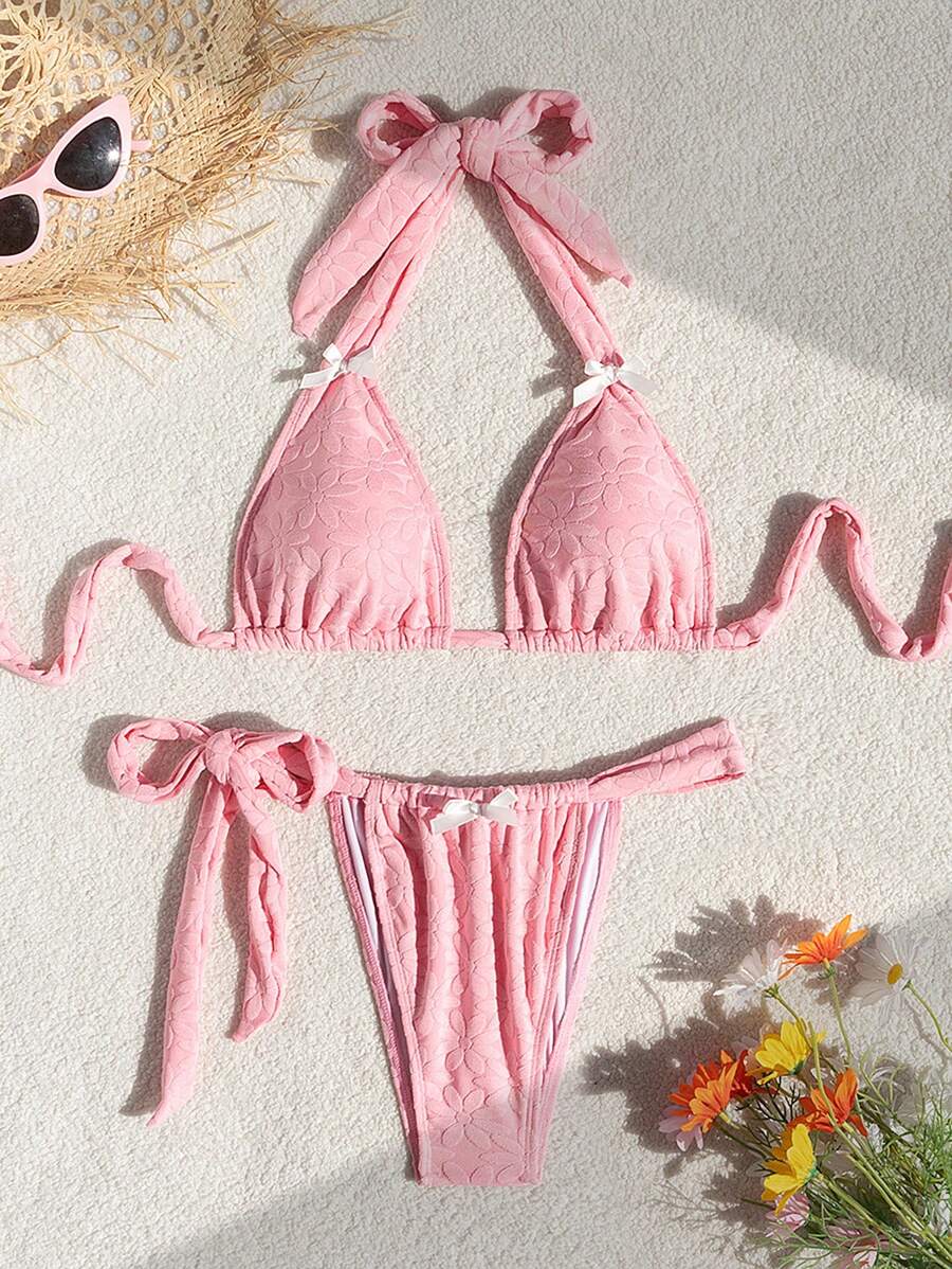 SHEIN Swim Women Fashionable Sweet Summer Halter Neck Bikini Two-Piece Swimwear Set