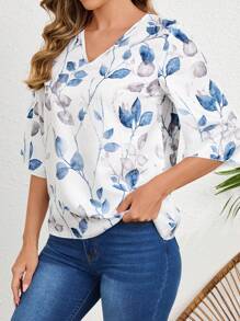 EMERY ROSE 樹葉印花V領襯衫 - 白色 - 查看 5