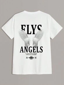 Camiseta de manga corta de cuello redondo informal de talla grande para hombre con estampado de lema y alas de verano