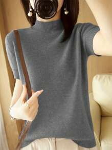 SHEIN LUNE Femme Printemps Automne Haut Tricoté à Manches Courtes et Col Montant en Couleur Unie, Décontracté