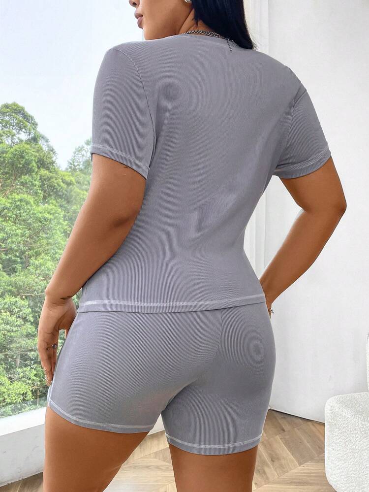 Plus Size Short Sleeve Round Neck T-Shirt And Leggings Set, Spring/Summer