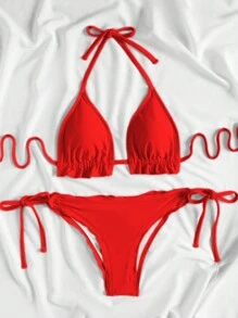 SHEIN Swim Solid Color Ruffle Lace Summer Halter Neck Bikini Set With Tie Back Triangle Top And Tie Side Bottom, Perfect For Beach And Swimming Pool,Summer Beach - Red - View 5