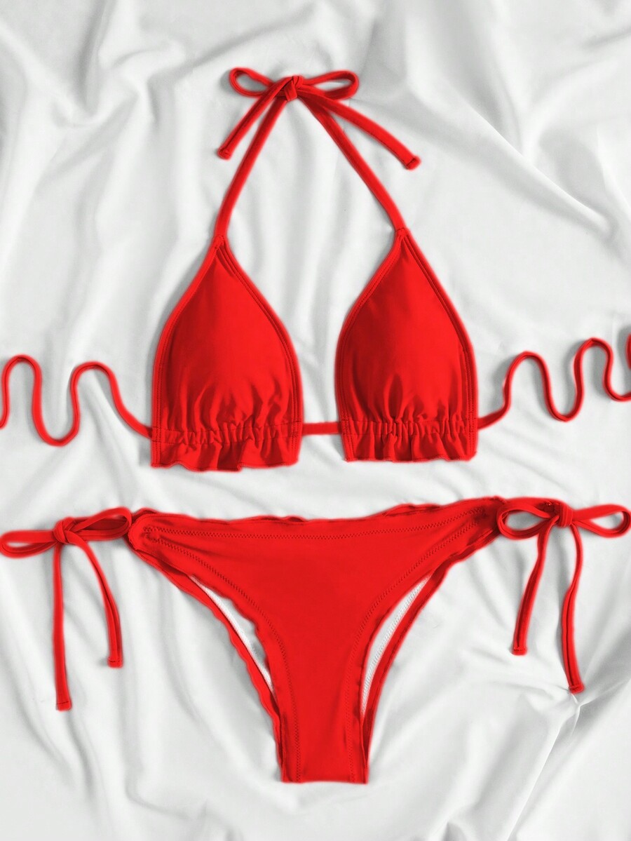 SHEIN Swim Biquíni de Halter de Verão com Babados e Renda em Cor Sólida